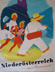 Ein farbenfrohes Vintage-Werbeplakat aus den 1950er-Jahren zeigt eine Familie beim Wandern in sommerlicher Landschaft. Im Vordergrund gehen ein Mann mit Strohhut und zwei fröhliche Kinder mit Ball und Kescher, im Hintergrund eine Burg und blauer Himmel. Text: „Niederösterreich – dein Ferienziel!